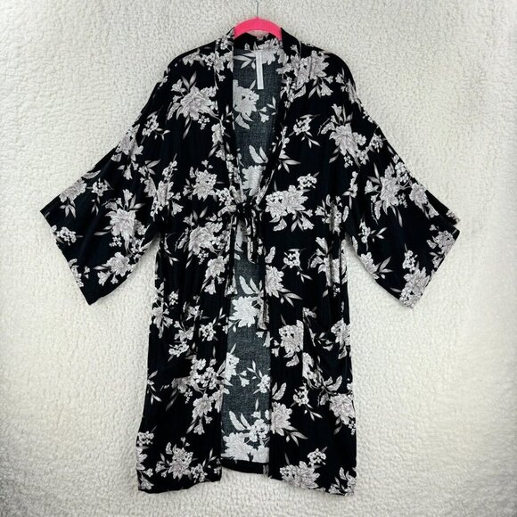 Spiritual Gangster Black Floral Maya‎ Kimono Womens Front Tie Pockets Size OS - Picture 1 of 12
